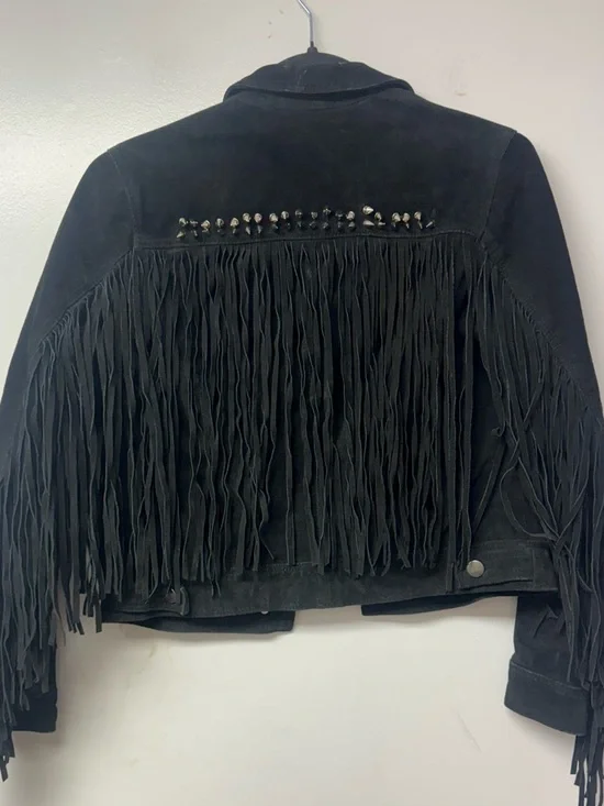 Forever 21 Black Suede Fringe Jacket Spiked Cowgirl Western Festival Punk Small - Picture 6 of 15